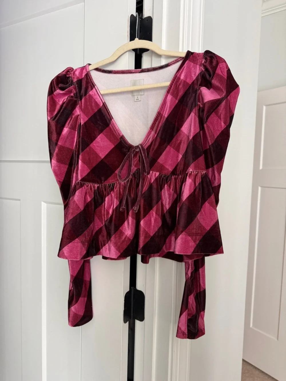 Maeve pink‎ checkered babydoll Anthropologie tie front peplum top